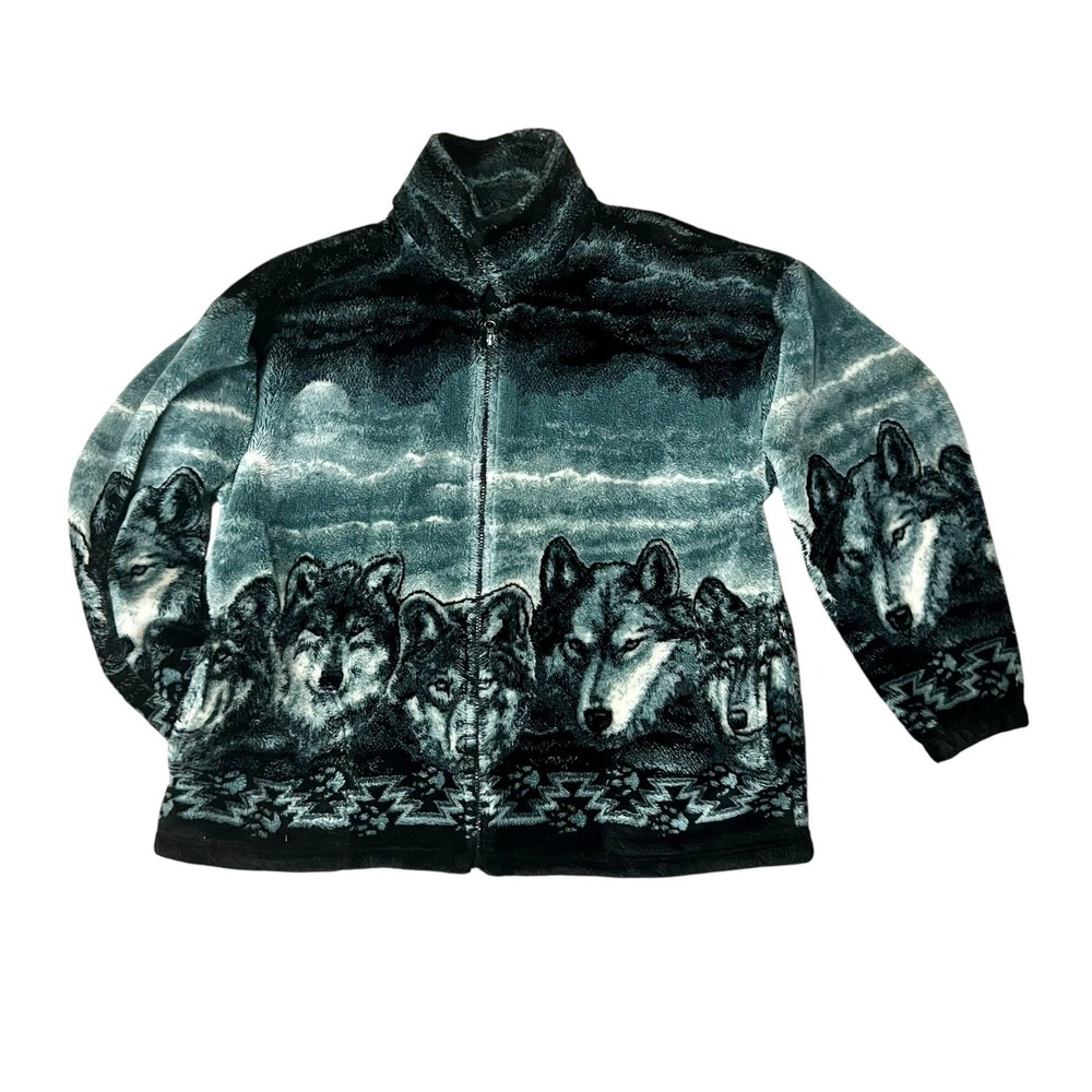 Vintage Mazmania Wolf Print Fleece‎ Jacket Mens XXL Made In USA
